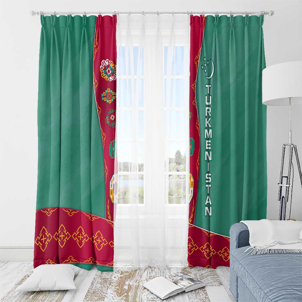 Turkmenistan National Symbols Window Curtain with Crescent Moon, Stars, and Traditional Carpet Pattern Design