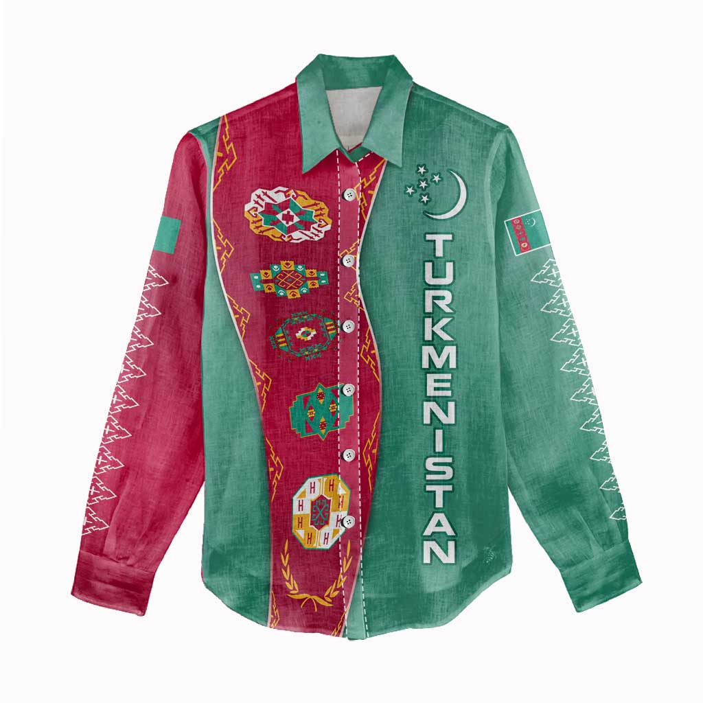 Turkmenistan National Symbols Women Casual Shirt with Crescent Moon, Stars, and Traditional Carpet Pattern Design