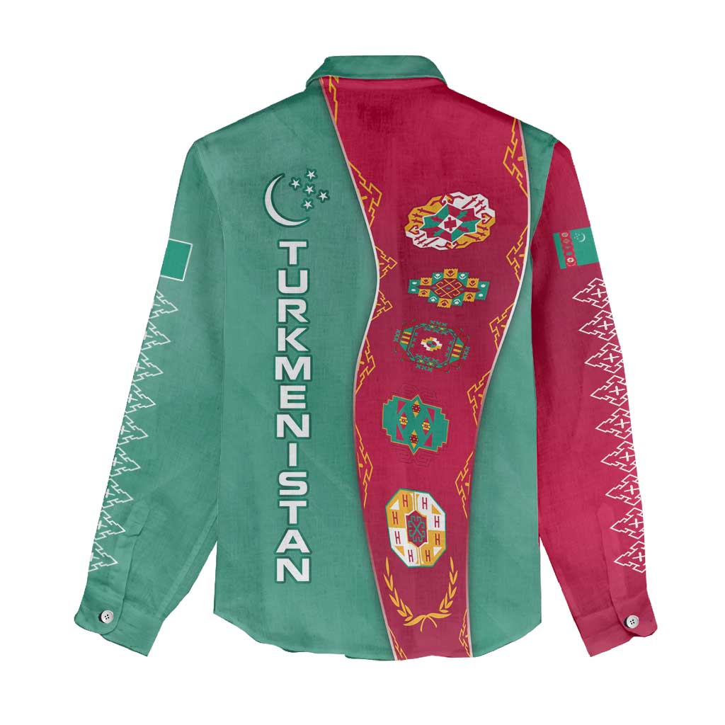 Turkmenistan National Symbols Women Casual Shirt with Crescent Moon, Stars, and Traditional Carpet Pattern Design