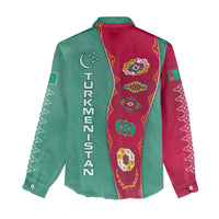 Turkmenistan National Symbols Women Casual Shirt with Crescent Moon, Stars, and Traditional Carpet Pattern Design