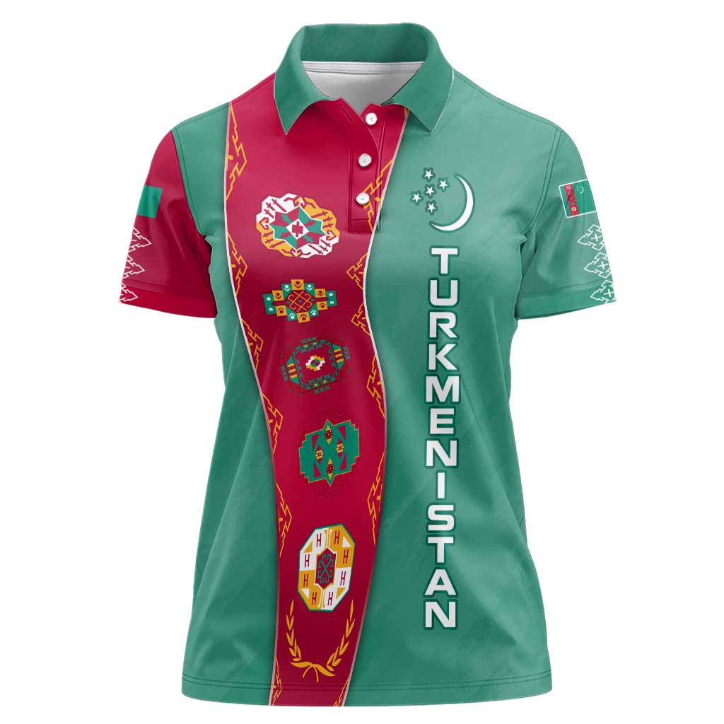 Turkmenistan National Symbols Women Polo Shirt with Crescent Moon, Stars, and Traditional Carpet Pattern Design