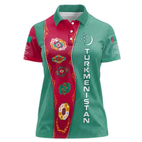 Turkmenistan National Symbols Women Polo Shirt with Crescent Moon, Stars, and Traditional Carpet Pattern Design