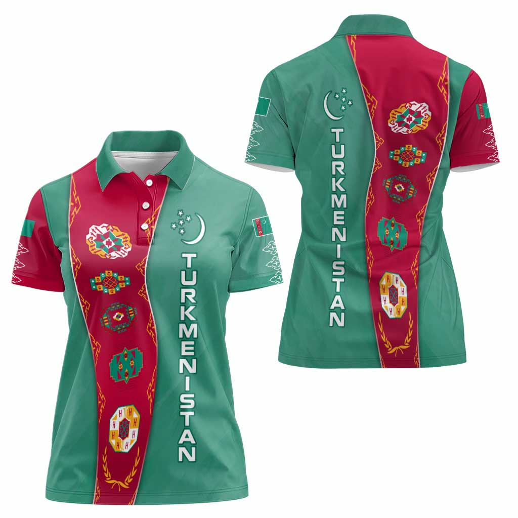 Turkmenistan National Symbols Women Polo Shirt with Crescent Moon, Stars, and Traditional Carpet Pattern Design
