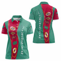 Turkmenistan National Symbols Women Polo Shirt with Crescent Moon, Stars, and Traditional Carpet Pattern Design