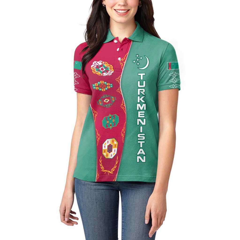 Turkmenistan National Symbols Women Polo Shirt with Crescent Moon, Stars, and Traditional Carpet Pattern Design