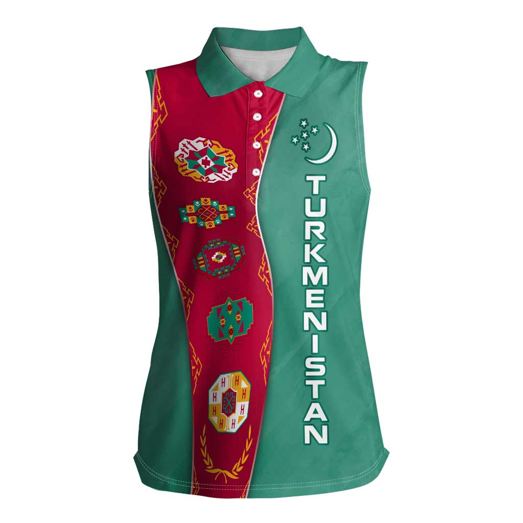 Turkmenistan National Symbols Women Sleeveless Polo Shirt with Crescent Moon, Stars, and Traditional Carpet Pattern Design
