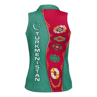 Turkmenistan National Symbols Women Sleeveless Polo Shirt with Crescent Moon, Stars, and Traditional Carpet Pattern Design
