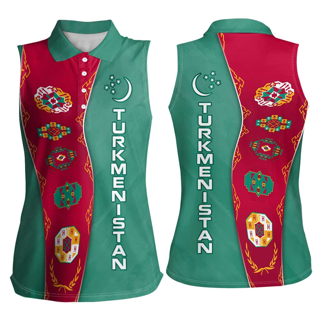 Turkmenistan National Symbols Women Sleeveless Polo Shirt with Crescent Moon, Stars, and Traditional Carpet Pattern Design