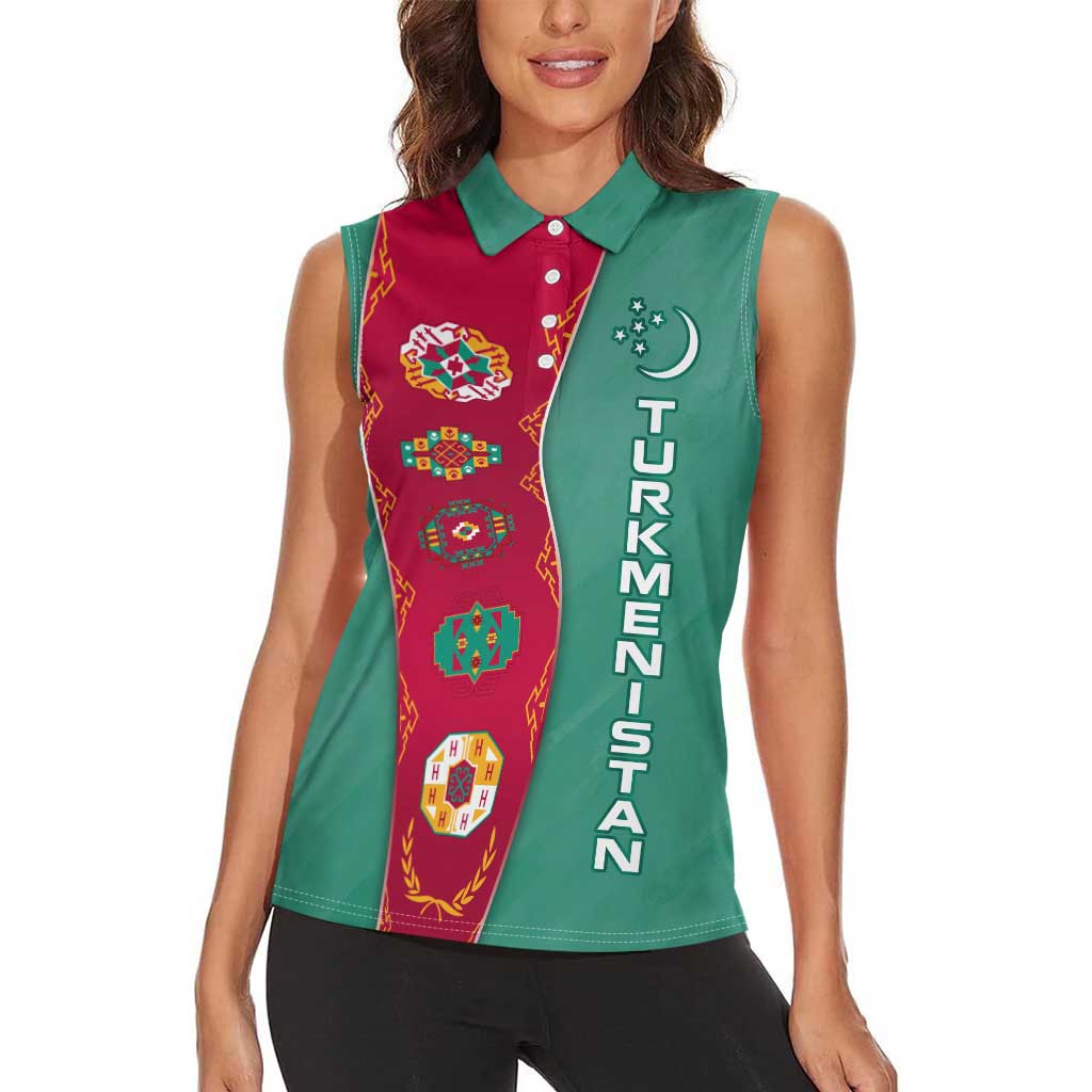 Turkmenistan National Symbols Women Sleeveless Polo Shirt with Crescent Moon, Stars, and Traditional Carpet Pattern Design
