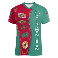 Turkmenistan National Symbols Women V-Neck T-Shirt with Crescent Moon, Stars, and Traditional Carpet Pattern Design