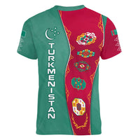 Turkmenistan National Symbols Women V-Neck T-Shirt with Crescent Moon, Stars, and Traditional Carpet Pattern Design