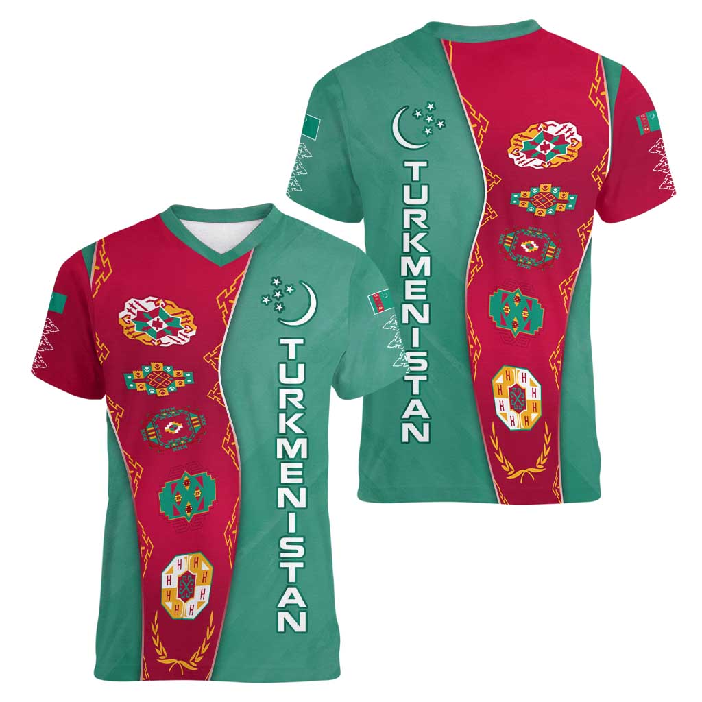 Turkmenistan National Symbols Women V-Neck T-Shirt with Crescent Moon, Stars, and Traditional Carpet Pattern Design