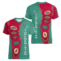 Turkmenistan National Symbols Women V-Neck T-Shirt with Crescent Moon, Stars, and Traditional Carpet Pattern Design