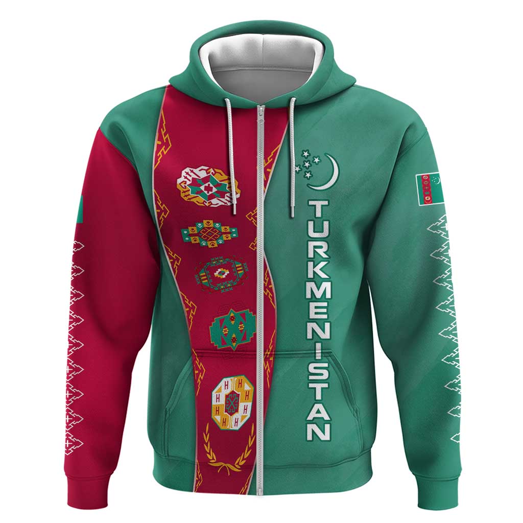 Turkmenistan National Symbols Zip Hoodie with Crescent Moon, Stars, and Traditional Carpet Pattern Design