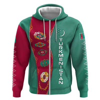 Turkmenistan National Symbols Zip Hoodie with Crescent Moon, Stars, and Traditional Carpet Pattern Design