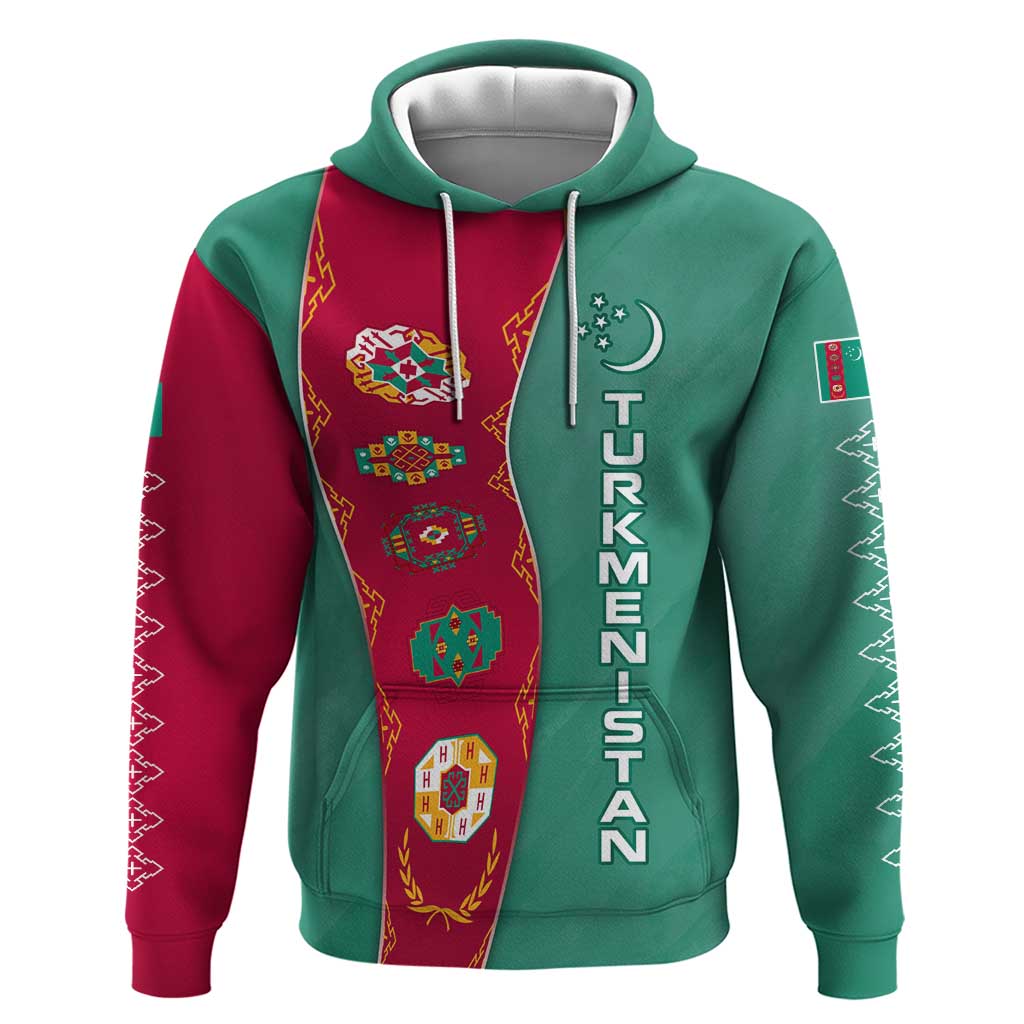 Turkmenistan National Symbols Zip Hoodie with Crescent Moon, Stars, and Traditional Carpet Pattern Design