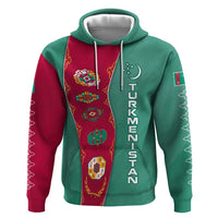 Turkmenistan National Symbols Zip Hoodie with Crescent Moon, Stars, and Traditional Carpet Pattern Design