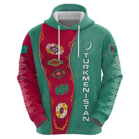 Turkmenistan National Symbols Zip Hoodie with Crescent Moon, Stars, and Traditional Carpet Pattern Design