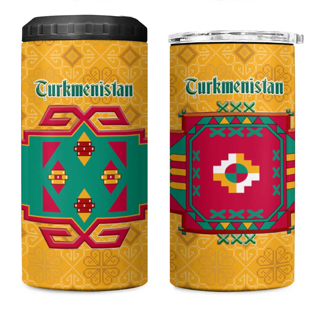 Turkmenistan Traditional Carpet Motif 4 in 1 Can Cooler Tumbler with Ethnic Pattern Design