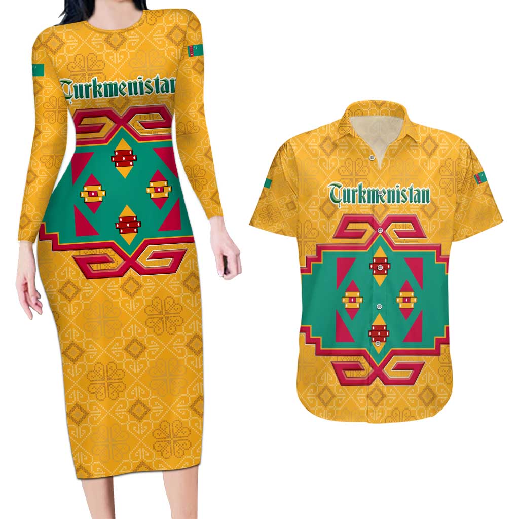 Turkmenistan Traditional Carpet Motif Couples Matching Long Sleeve Bodycon Dress and Hawaiian Shirt with Ethnic Pattern Design
