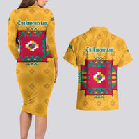 Turkmenistan Traditional Carpet Motif Couples Matching Long Sleeve Bodycon Dress and Hawaiian Shirt with Ethnic Pattern Design