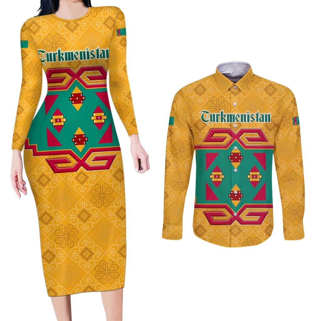 Turkmenistan Traditional Carpet Motif Couples Matching Long Sleeve Bodycon Dress and Long Sleeve Button Shirt with Ethnic Pattern Design