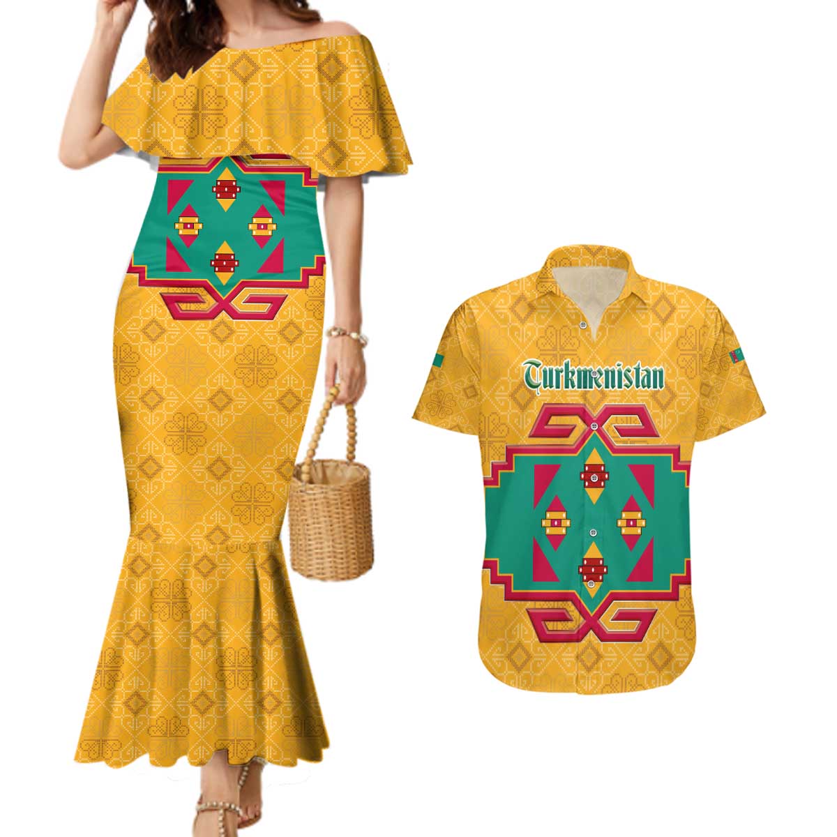 Turkmenistan Traditional Carpet Motif Couples Matching Mermaid Dress and Hawaiian Shirt with Ethnic Pattern Design