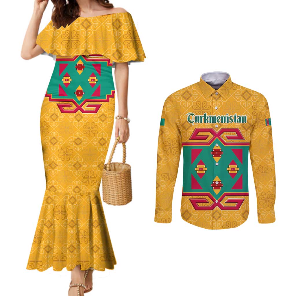 Turkmenistan Traditional Carpet Motif Couples Matching Mermaid Dress and Long Sleeve Button Shirt with Ethnic Pattern Design