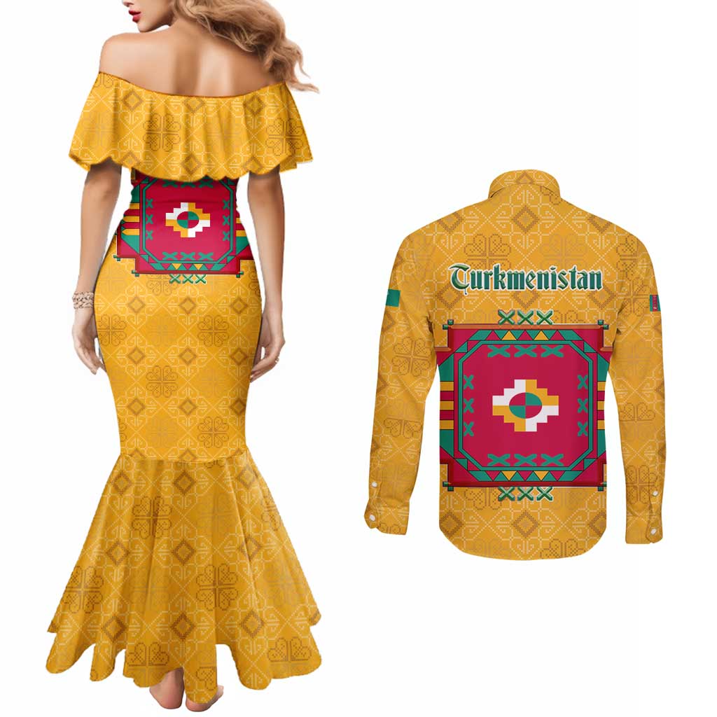 Turkmenistan Traditional Carpet Motif Couples Matching Mermaid Dress and Long Sleeve Button Shirt with Ethnic Pattern Design