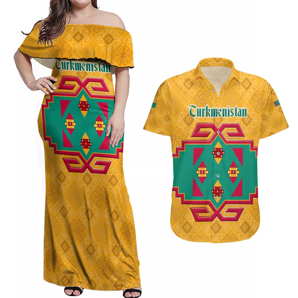 Turkmenistan Traditional Carpet Motif Couples Matching Off Shoulder Maxi Dress and Hawaiian Shirt with Ethnic Pattern Design