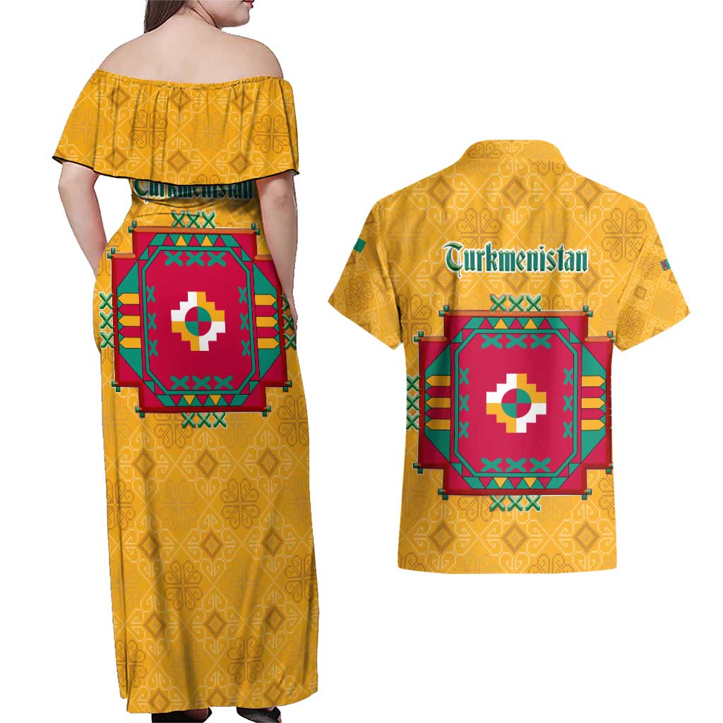 Turkmenistan Traditional Carpet Motif Couples Matching Off Shoulder Maxi Dress and Hawaiian Shirt with Ethnic Pattern Design