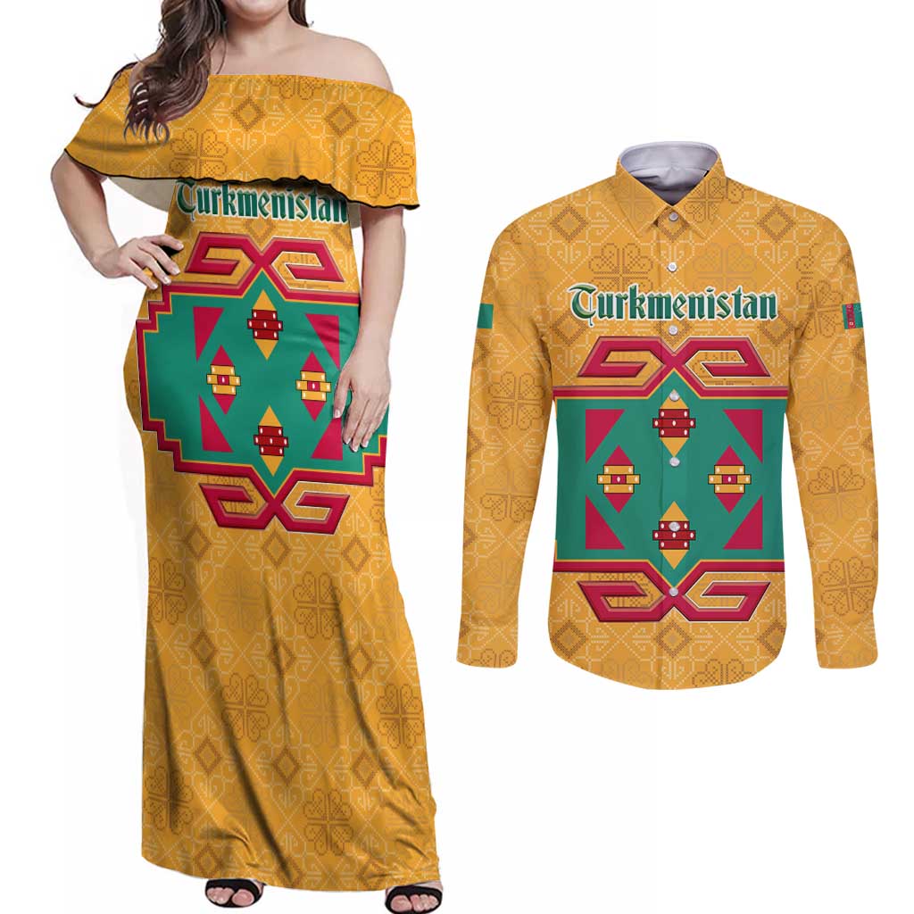 Turkmenistan Traditional Carpet Motif Couples Matching Off Shoulder Maxi Dress and Long Sleeve Button Shirt with Ethnic Pattern Design