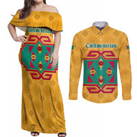 Turkmenistan Traditional Carpet Motif Couples Matching Off Shoulder Maxi Dress and Long Sleeve Button Shirt with Ethnic Pattern Design