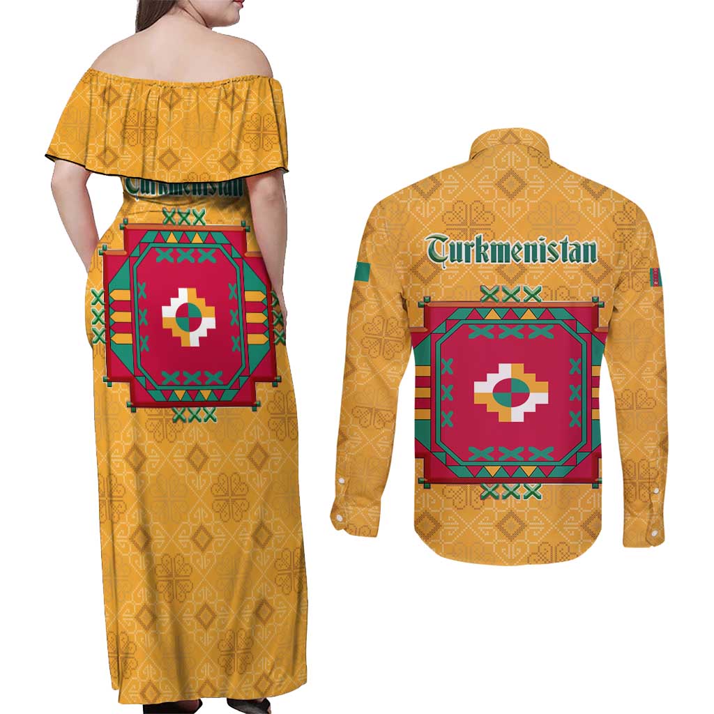 Turkmenistan Traditional Carpet Motif Couples Matching Off Shoulder Maxi Dress and Long Sleeve Button Shirt with Ethnic Pattern Design