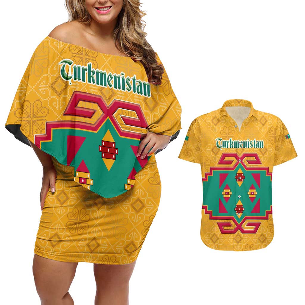 Turkmenistan Traditional Carpet Motif Couples Matching Off Shoulder Short Dress and Hawaiian Shirt with Ethnic Pattern Design