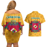 Turkmenistan Traditional Carpet Motif Couples Matching Off Shoulder Short Dress and Hawaiian Shirt with Ethnic Pattern Design