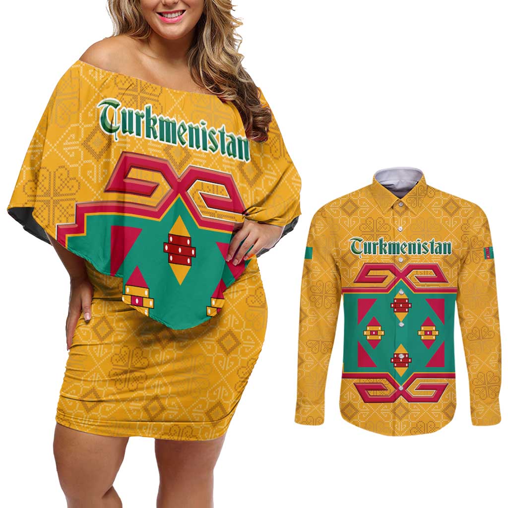 Turkmenistan Traditional Carpet Motif Couples Matching Off Shoulder Short Dress and Long Sleeve Button Shirt with Ethnic Pattern Design