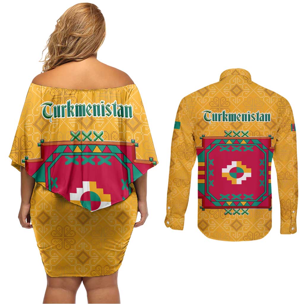Turkmenistan Traditional Carpet Motif Couples Matching Off Shoulder Short Dress and Long Sleeve Button Shirt with Ethnic Pattern Design