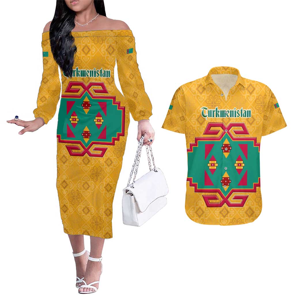 Turkmenistan Traditional Carpet Motif Couples Matching Off The Shoulder Long Sleeve Dress and Hawaiian Shirt with Ethnic Pattern Design