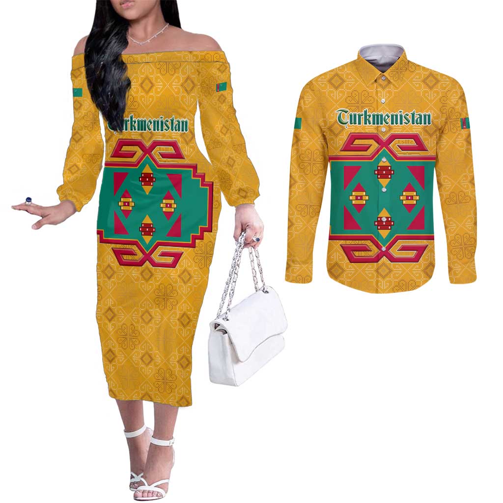 Turkmenistan Traditional Carpet Motif Couples Matching Off The Shoulder Long Sleeve Dress and Long Sleeve Button Shirt with Ethnic Pattern Design