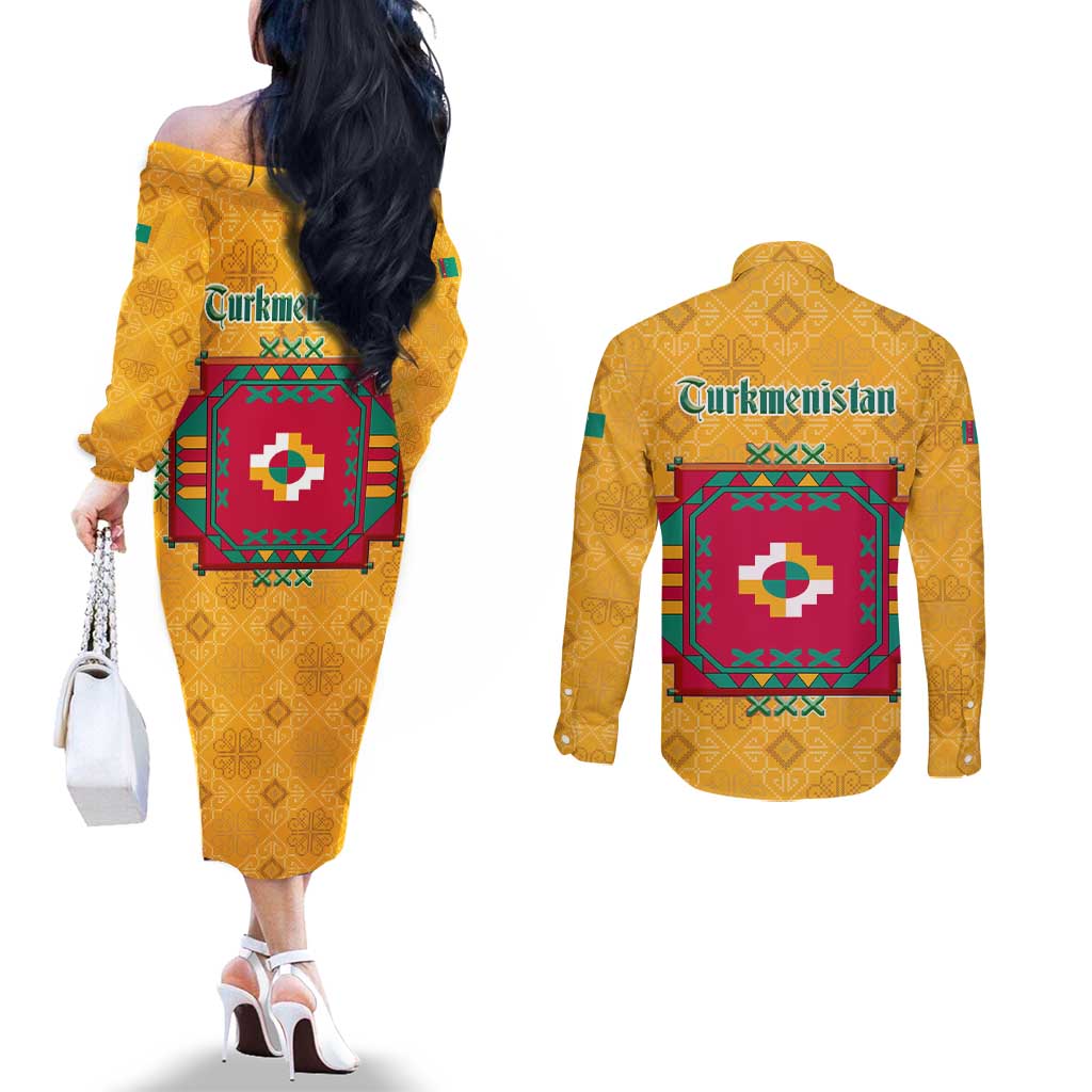 Turkmenistan Traditional Carpet Motif Couples Matching Off The Shoulder Long Sleeve Dress and Long Sleeve Button Shirt with Ethnic Pattern Design
