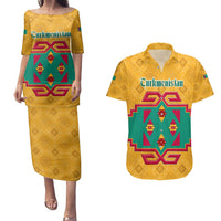 Turkmenistan Traditional Carpet Motif Couples Matching Puletasi and Hawaiian Shirt with Ethnic Pattern Design