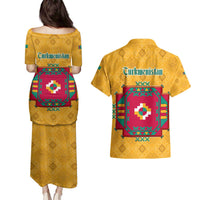 Turkmenistan Traditional Carpet Motif Couples Matching Puletasi and Hawaiian Shirt with Ethnic Pattern Design