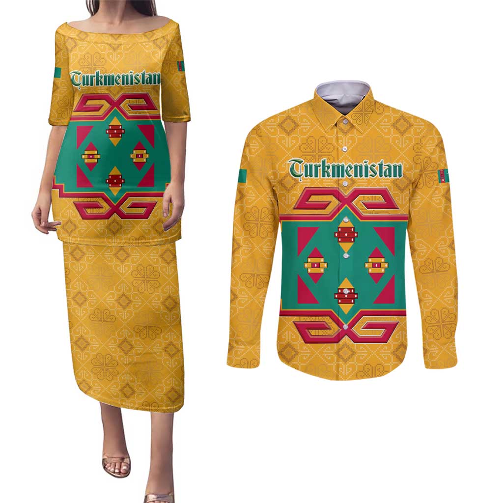 Turkmenistan Traditional Carpet Motif Couples Matching Puletasi and Long Sleeve Button Shirt with Ethnic Pattern Design