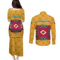Turkmenistan Traditional Carpet Motif Couples Matching Puletasi and Long Sleeve Button Shirt with Ethnic Pattern Design