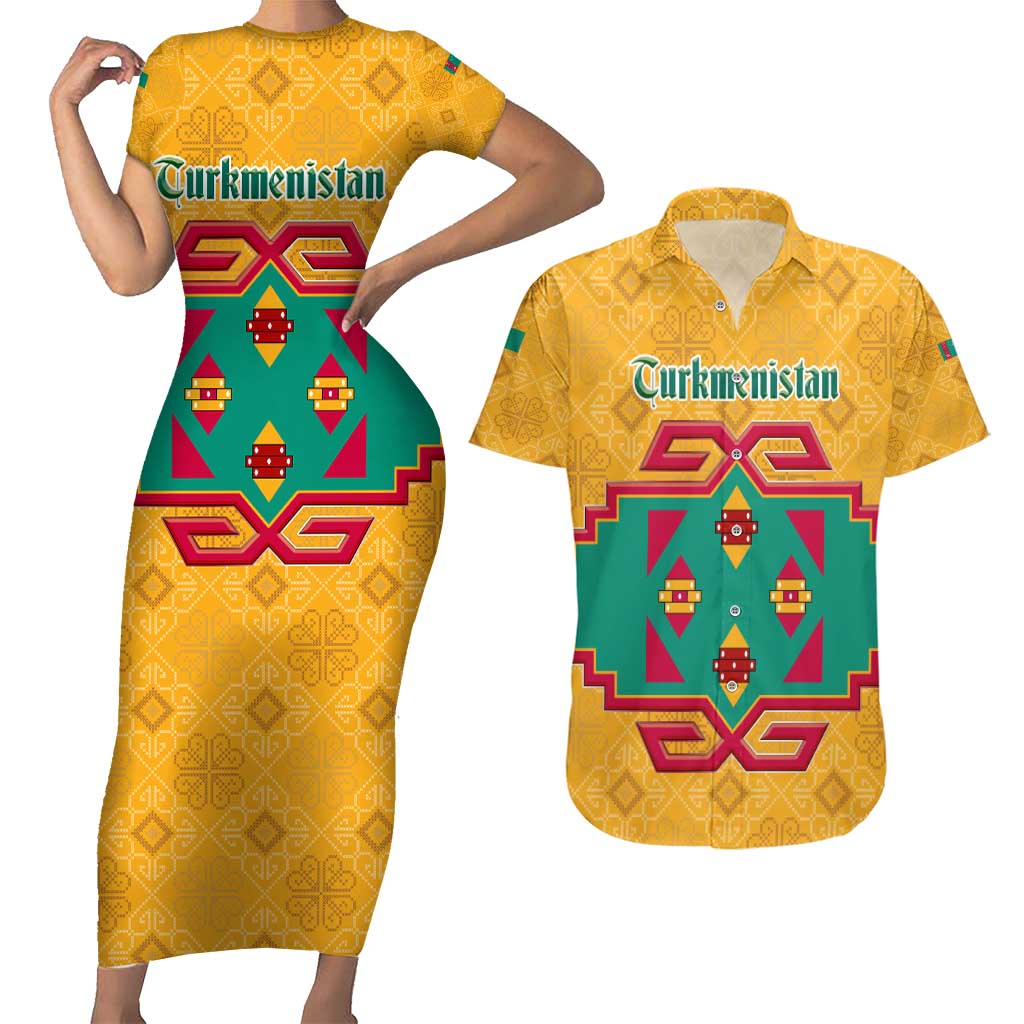 Turkmenistan Traditional Carpet Motif Couples Matching Short Sleeve Bodycon Dress and Hawaiian Shirt with Ethnic Pattern Design