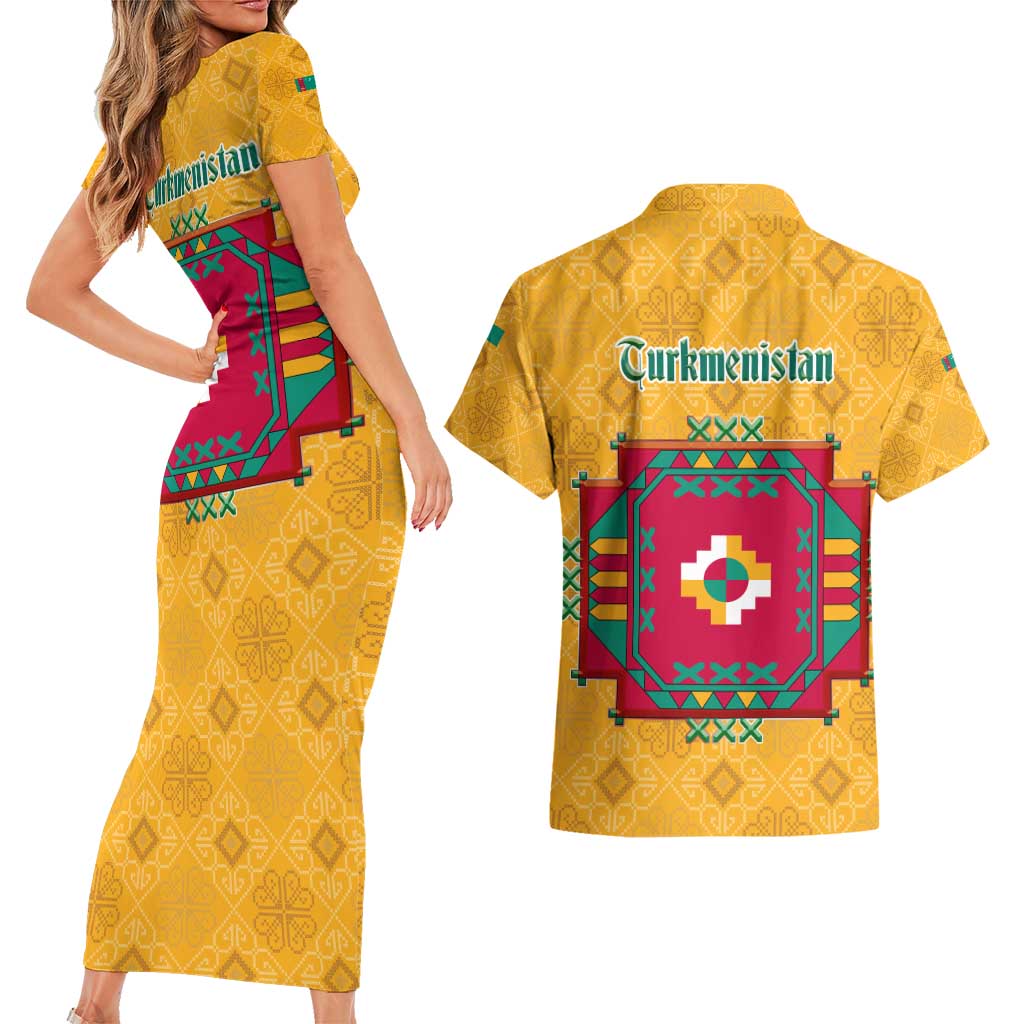 Turkmenistan Traditional Carpet Motif Couples Matching Short Sleeve Bodycon Dress and Hawaiian Shirt with Ethnic Pattern Design