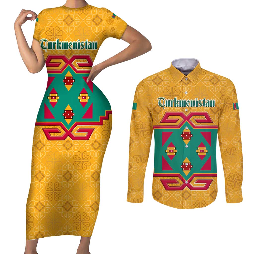 Turkmenistan Traditional Carpet Motif Couples Matching Short Sleeve Bodycon Dress and Long Sleeve Button Shirt with Ethnic Pattern Design