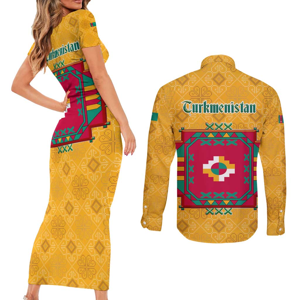 Turkmenistan Traditional Carpet Motif Couples Matching Short Sleeve Bodycon Dress and Long Sleeve Button Shirt with Ethnic Pattern Design