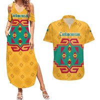 Turkmenistan Traditional Carpet Motif Couples Matching Summer Maxi Dress and Hawaiian Shirt with Ethnic Pattern Design